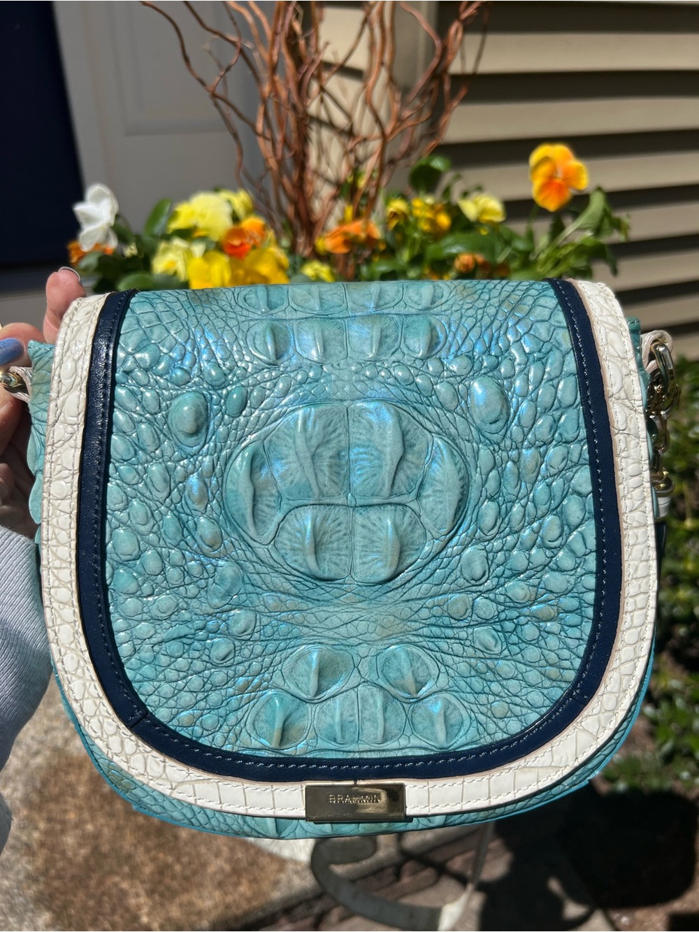 Brahmin Mini Sonny Turquoise Croc-Embossed Crossbody with White and Navy Trim
